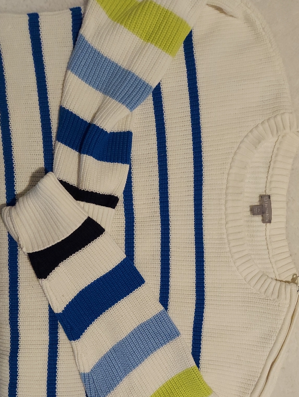 Talbots Women's Crewneck Sweater - White with Blue & Lime Stripes